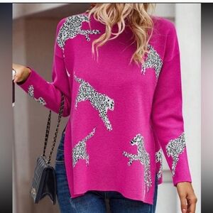 NOC Inspired Pink Leopard Print Womens Long Sleeve Slit Cowl Neck Sweater Size M